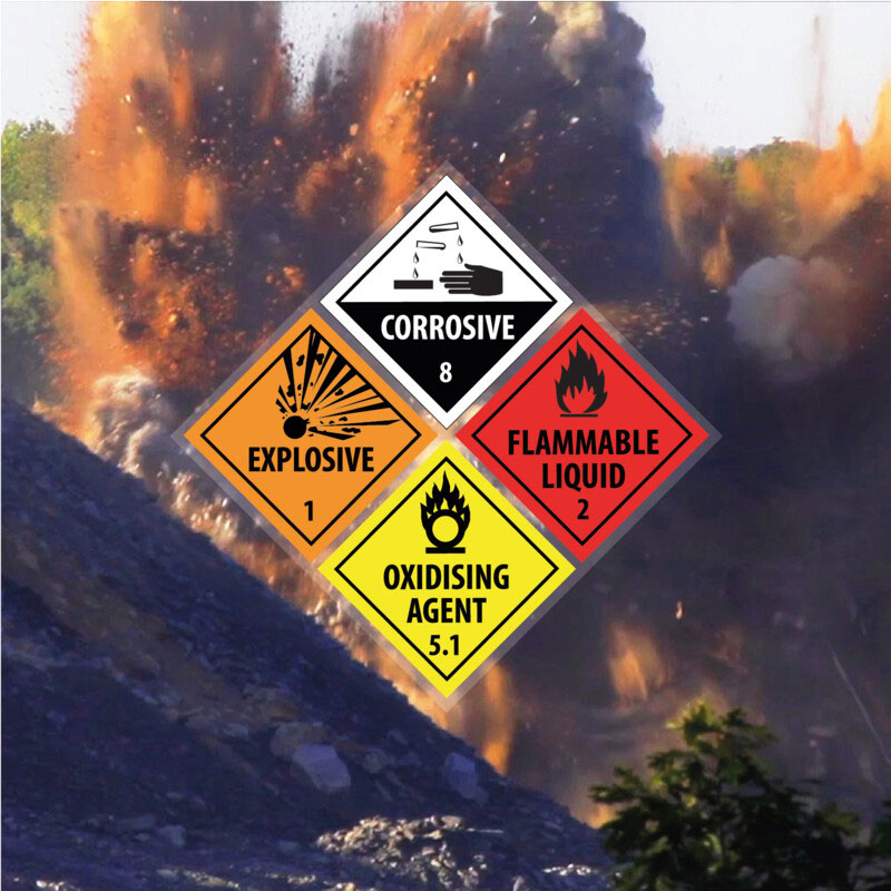 Hazardous chemical symbols in front of explosion