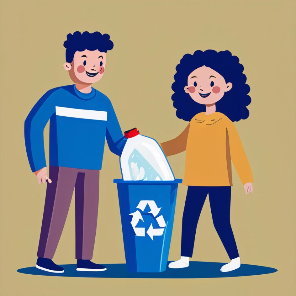 man and woman putting a plastic bottle into a recycling bin