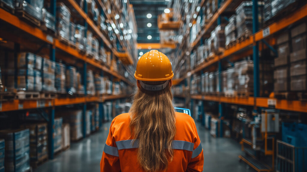 woman looking at stacks of products in a warehouse
