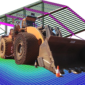 Le Tourneau L1850 front loader superimposed over engineering drawings of mining shelter structure