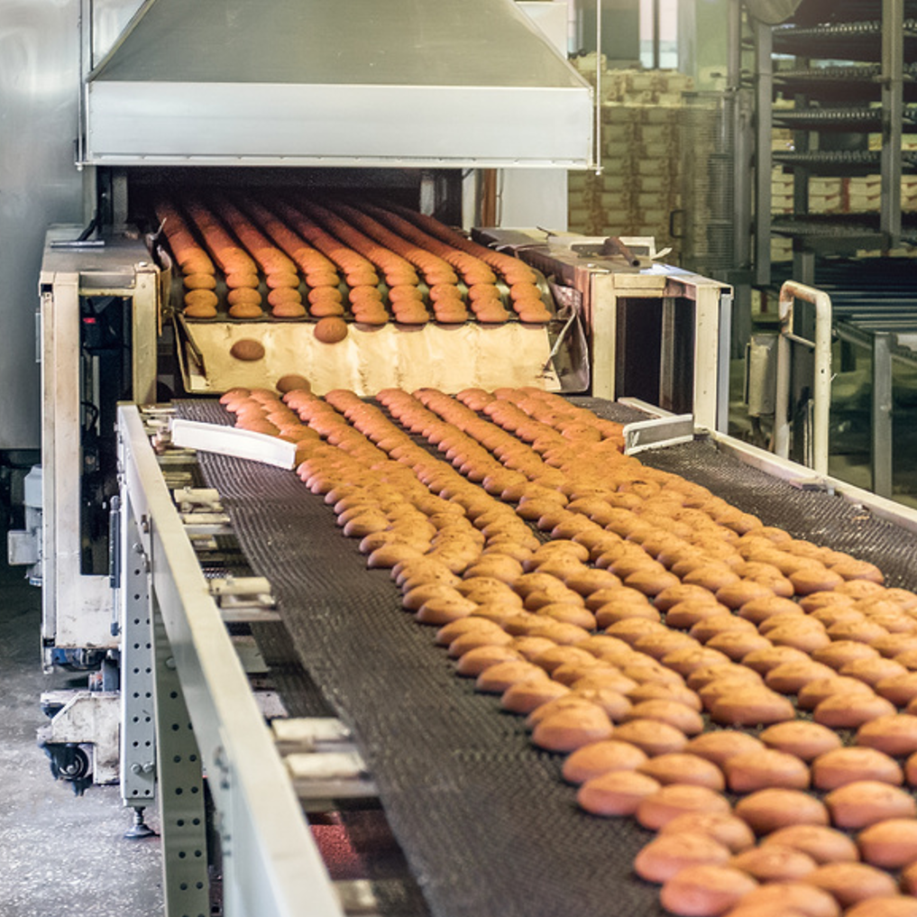 Bakery production line with lots of pastries