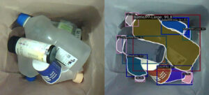 Some plastic waste in a bin next to an image showing how SureWaste can categorise the waste for sorting.